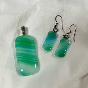 Handmade Blue, White & Green Glass Pendant and Earrings Set
